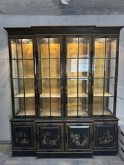 Vintage Chinoiserie Black Lacquer Breakfront Display Cabinet