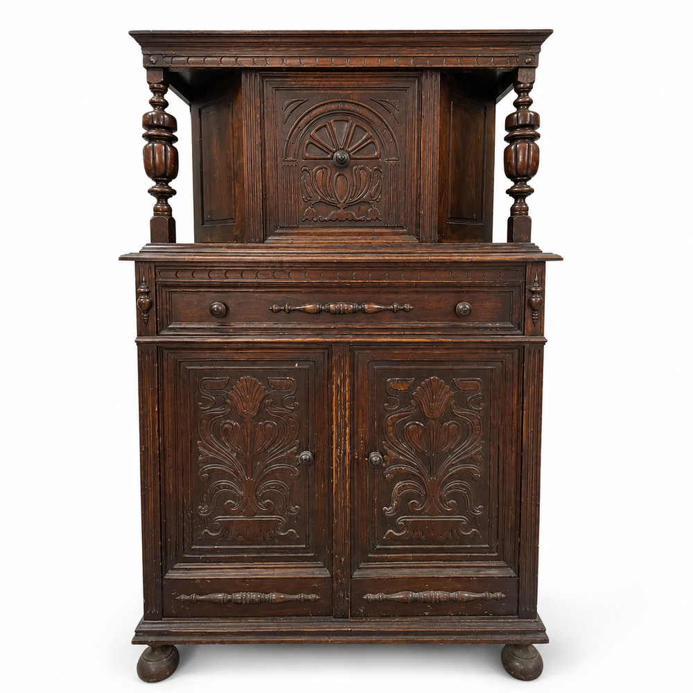 Antique 1920s Jacobean Revival Court Cupboard Carved Oak Hutch Cabinet