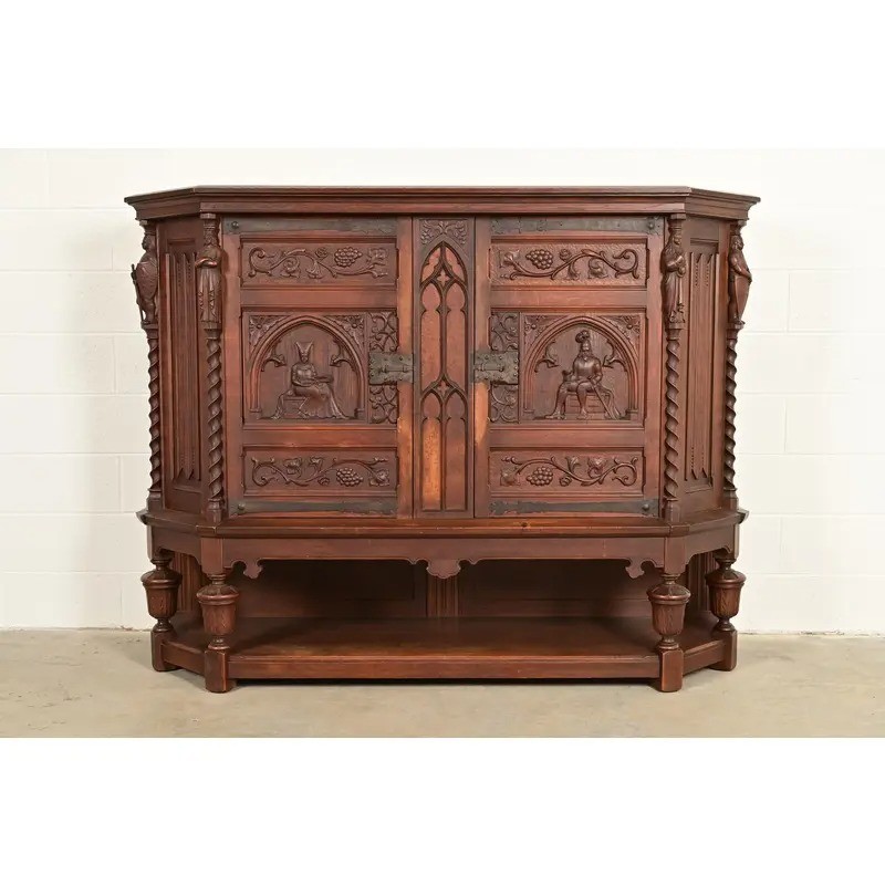 Antique French Gothic Revival Oak Bar Cabinet With Carved Figures, Circa 1890s
