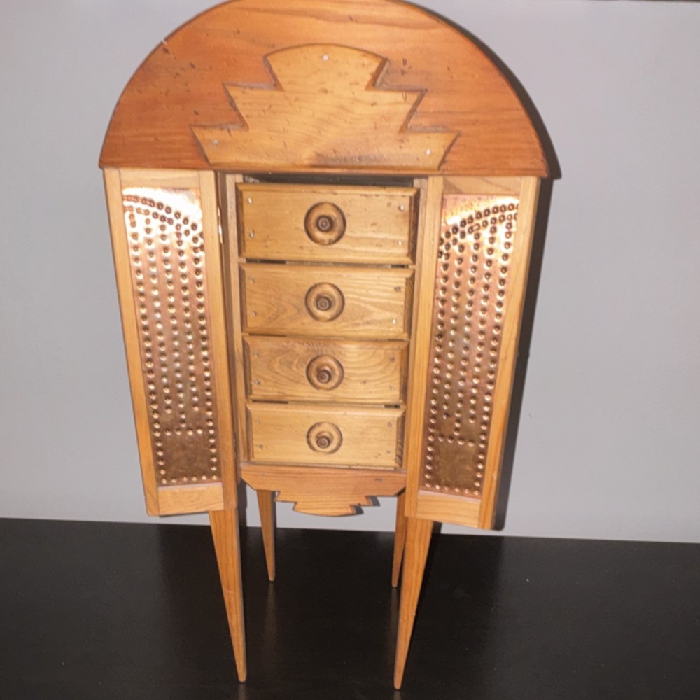 Vintage Antique Handmade Wood & Copper Jewelry Armoire Cabinet Doors 4 Drawer
