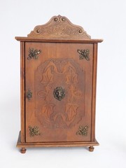 Antique Small Wooden Cabinet with Bronze Ornaments & Carved Details, Art Nouveau