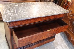 French Antique Tiger Mahogany Louis Philippe Marble Top Chest / Sideboard