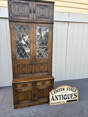 67410 Mid-Century Oak Cabinet with Desk and Leaded Glass Doors