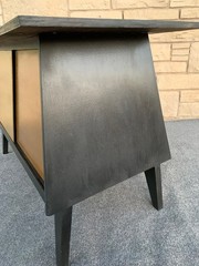 Mid Century Modern Hand Made Black Gold Trapezoid Sliding Door Cabinet Credenza