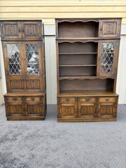 67410 Mid-Century Oak Cabinet with Desk and Leaded Glass Doors