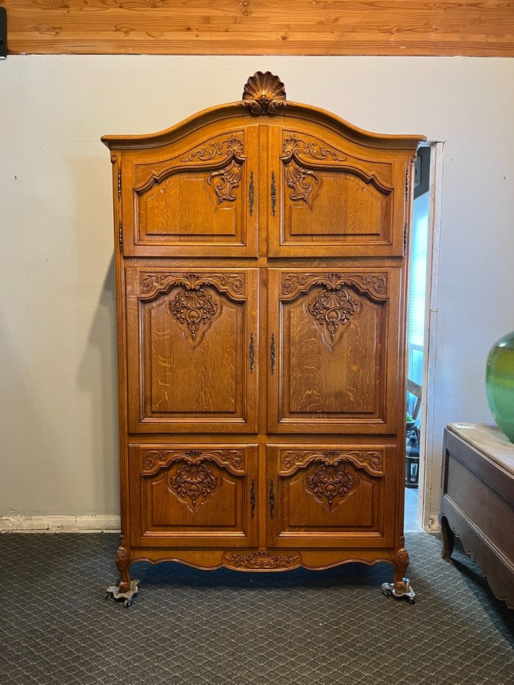 Vintage Belgian Oak Armoire or Dry Bar with Slide-In Doors and Carved Details
