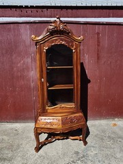 Antique Curio Bombay style Cabinet Carved Wood & Glass 3 Shelves