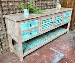 Solomon Cove Reclaimed Boatwood Coastal Console Table, Hand Painted Detail, 85″