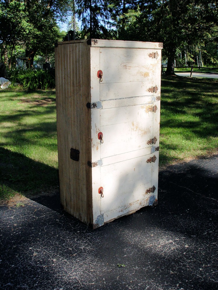 Tall Pine Three-Door Ice Box, Pantry. Old Mustard White Paint