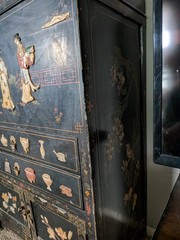 Antique Black Lacquered Wood Cabinet w/ Asian Motif, 2 Doors 2 Drawers 2ft