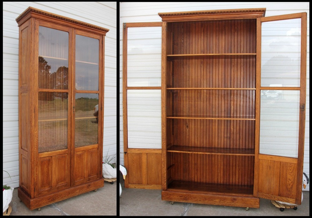 Antique LG 8′ H Oak Raised Panel 2 Dr Display Case Showcase Cabinet Bead Molding