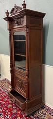 Antique French Renaissance Revival Scholars Bookcase Cabinet Carved Oak 19th C