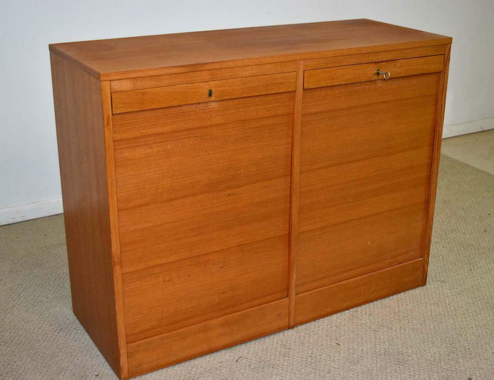 Vintage Danish Teak File Cabinet Tambour Doors