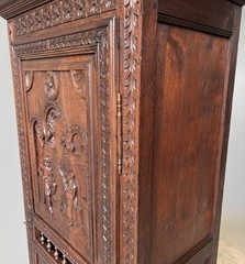 71″ Tall French Antique Breton Cabinet in Solid Chestnut Wood w/Carved Figures