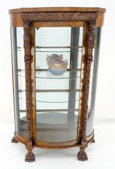 Solid Tiger Oak Curved Glass China Cabinet Carved Claw Feet Lion Heads MINT!
