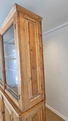 Grand Antique English Pine Display Cabinet Glass Doors Farmhouse Cupboard Hutch