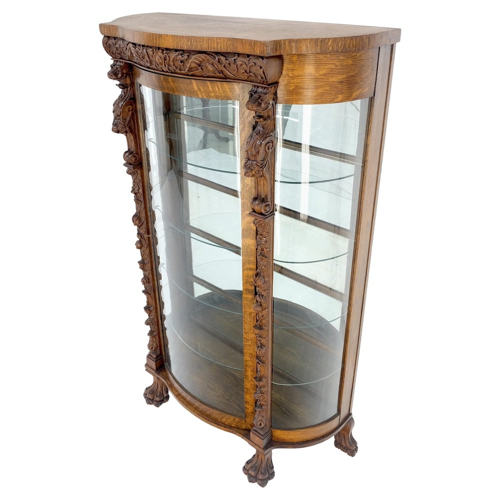 Solid Tiger Oak Curved Glass China Cabinet Carved Claw Feet Lion Heads MINT!
