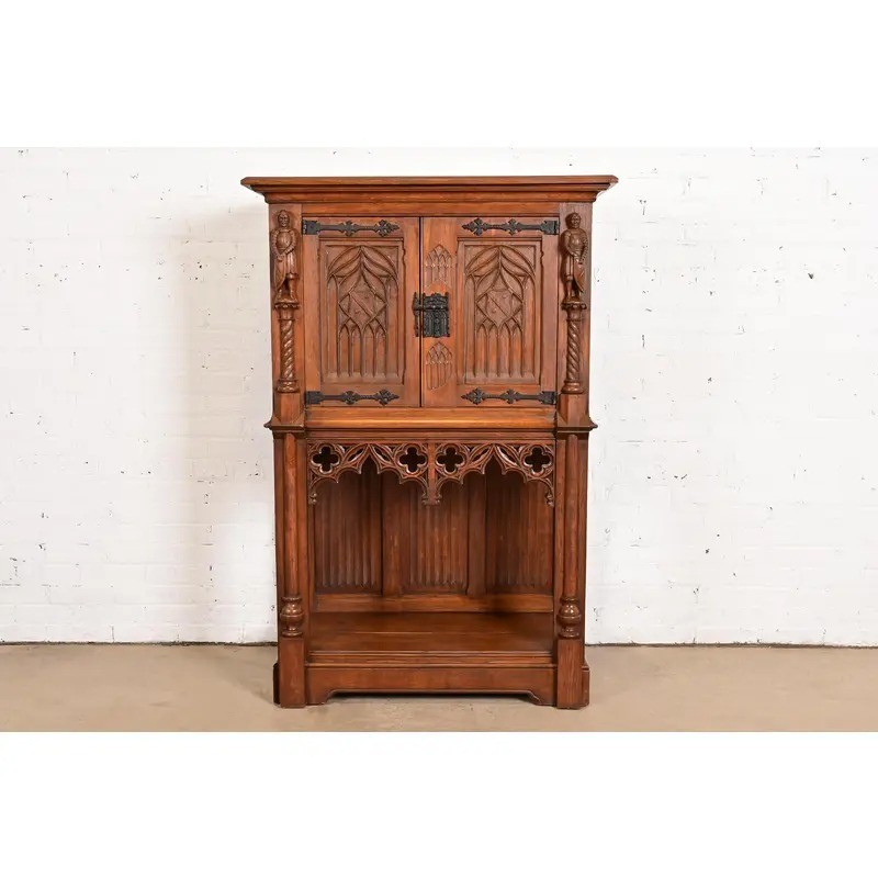 Antique Belgian Gothic Revival Carved Oak Bar Cabinet, Circa 1880s