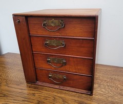Early 20th Walnut Collectors Curio Cabinet Stones “Popular” 4 Drawers & Key
