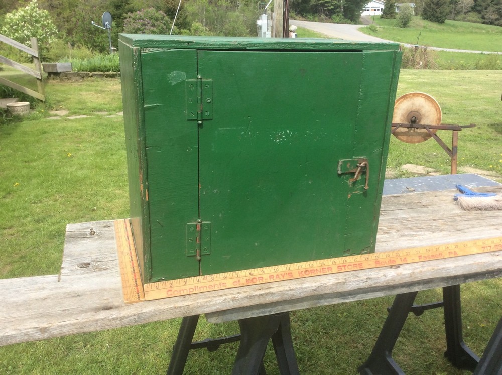 Green & Red Handmade Wood Cabinet, Shabby Farm Garage Two Shelf Cupboard