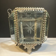 MCM Art Deco Mirrored Floral Etched Hexagonal Glass Jewelry Casket Trinket Box