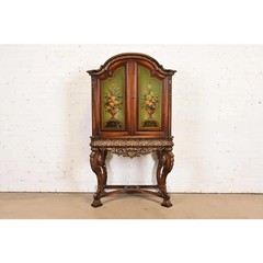 Berkey & Gay Style Antique Jacobean Hand Painted Bar Cabinet, Circa 1920s