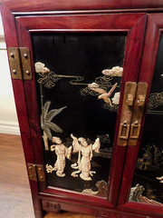 Vintage Chinoiserie Chinese Black Lacquer Hard Stone Finish Art Console Cabinet