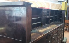Large 1920’s Wood & Glass Apothecary Storefront Step Back Cabinet & Display Case