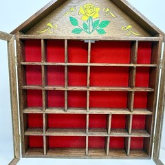VTG Wooden House Shape Wall Curio Knickknack Display Cabinet Red Velvet Interior