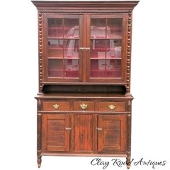 Antique Step Back Dutch cupboard cabinet sheraton poplar 1830s 12 light
