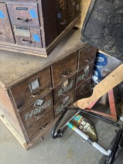 Antique Wooden Drawer Cabinet with Metal Handles, Horse & Mule Shoes Label