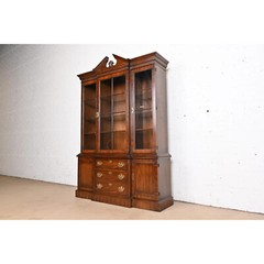 Drexel Heritage Georgian Carved Mahogany Lighted Breakfront Bookcase Cabinet