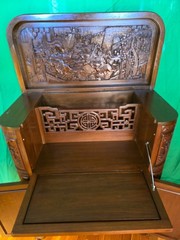 George Zee Style Mid-Century Asian Heavily Hand Carved Flip Top Dry Bar Cabinet