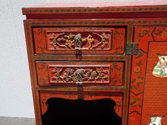 Vintage Chinese Asian Red Lacquer Storage Cabinet w Stone Decorative Inlay