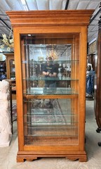 Vintage Oak Curio Cabinet With Side Opening Glass Doors Beaded Time Display Case