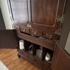 Antique Asian Style Brown Wood Cabinet with Brass Hardware, 4 Doors, 3 Drawers