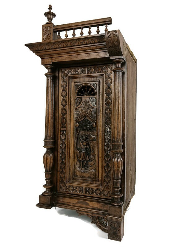 Stunning Antique Corner Cabinet Hand Carved Wood French Breton for right corner