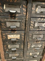 1920’s Yawman & Erbe 36 Drawer Parts Chest, Oak Cabinet, Japanned Metal Drawers