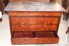 French Antique Tiger Mahogany Louis Philippe Marble Top Chest / Sideboard