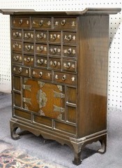 Antique Asian Wooden Apothecary Cabinet: 21 Drawers, 2-Door Cabinet, Brass Pulls