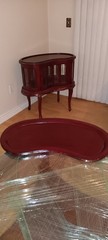 Vtg Bean Shaped Bar Liquor Curio Cabinet Table w Beveled Glass and Butler Tray