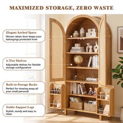 71″ Tall Arched Cabinet with Rattan Doors & Adjustable Shelves, Oak