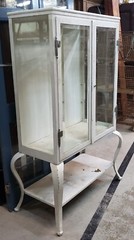 Pair of Steel Medical Cabinets with Beveled & Wavy Glass on Cabriole Legs