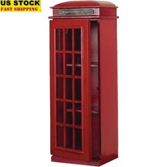 Vintage Telephone Booth Storage Cabinet MDF Red Decorative Unit Glass Panel New