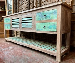 Solomon Cove Reclaimed Boatwood Coastal Console Table, Hand Painted Detail, 85″