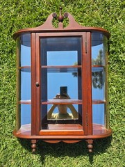 Vintage Federal Style Curved Glass Wall Curio Cabinet Mirror Back Display Case