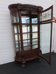 Late 1800s Large Tall Tiger Oak Leaded Stain Glass Curio Cabinet Cupboard 6573