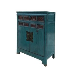 Chinese Vintage Carving Panel Tall Credenza Blue Storage Cabinet cs7515
