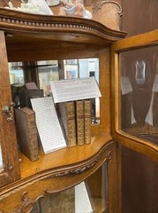 Antique Oak Display Corner Cabinet W/ Beveled Mirror, Serpentine Wave Glass