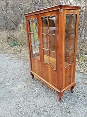 French vintage Country provincial double door footed Curio display cabinet